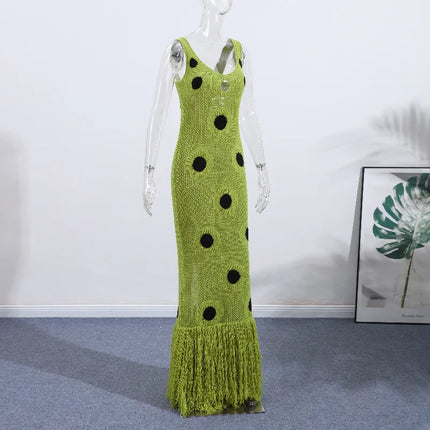 Women’s Hollow-Out Knitted Maxi Dress with Tassel Hem