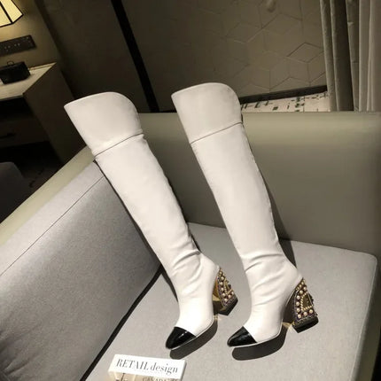 Rhinestone Cowhide Mid-Knee Heeled Boots