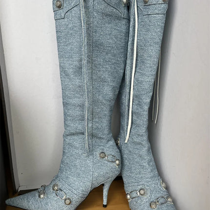 Women’s Pointed Rivet Tassel Knee-High Boots with Side Zip