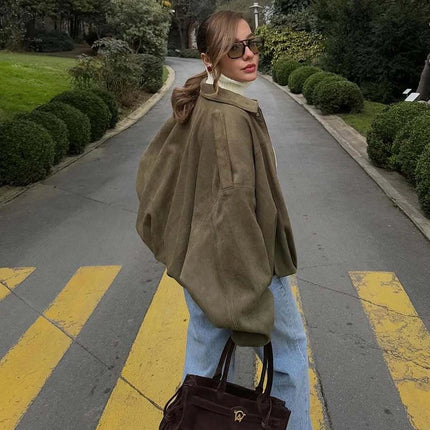 MUJER 2025 Oversized Suede Bomber – Padded Varsity Streetwear Coat