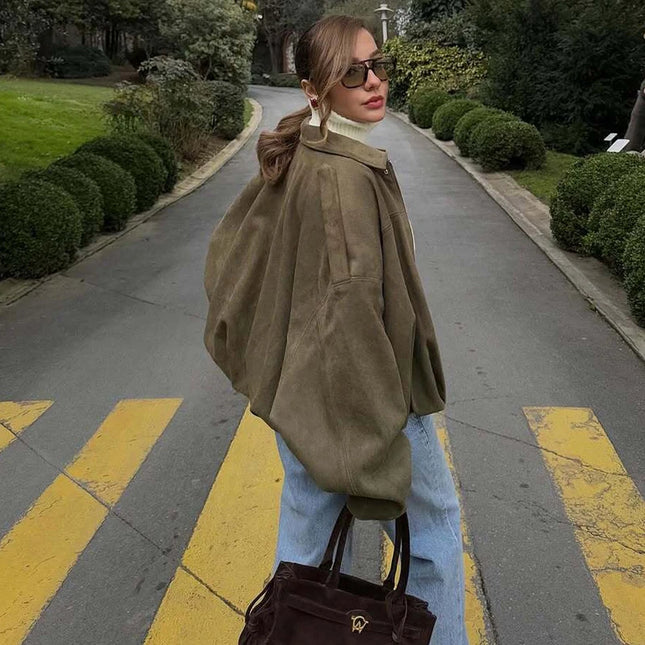 MUJER 2025 Oversized Suede Bomber – Padded Varsity Streetwear Coat