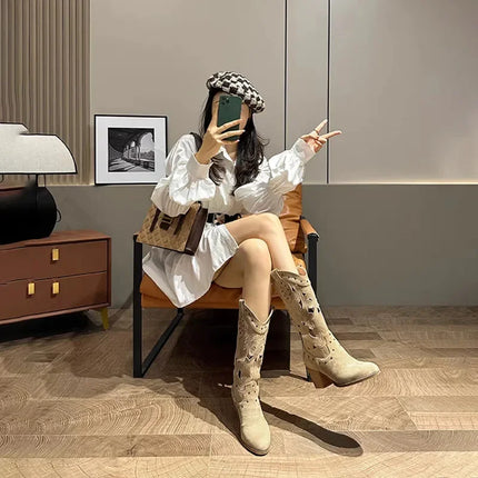 2025 Vintage Hollow Embroidered Knee-High Western Boots