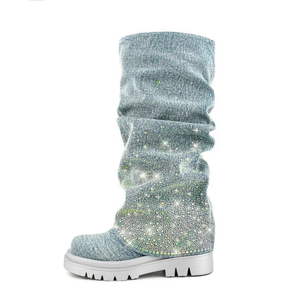 Women’s Blue Denim Pleated Platform Boots with Rhinestones