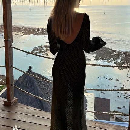 See-Through Deep V Knit Cover-Up – Sexy Backless Beach Dress