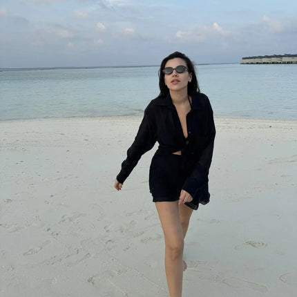 VEITCHE Linen Two-Piece Set – Long Sleeve Shirt & Mini Skirt Beachwear