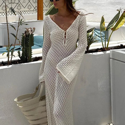 See-Through Deep V Knit Cover-Up – Sexy Backless Beach Dress