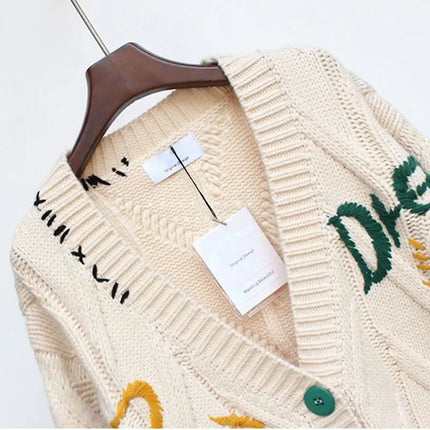 Women’s V-Neck Embroidered Patchwork Knit Cardigan