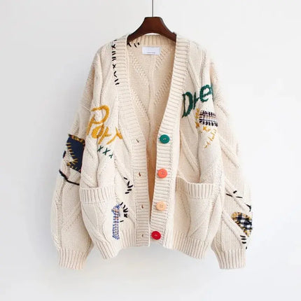 Women’s V-Neck Embroidered Patchwork Knit Cardigan