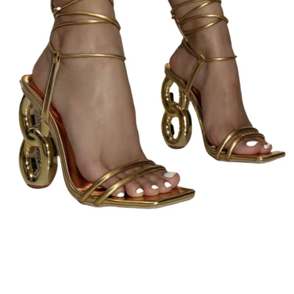 Women’s Gold Irregular-Strap High-Heel Wedding Pumps