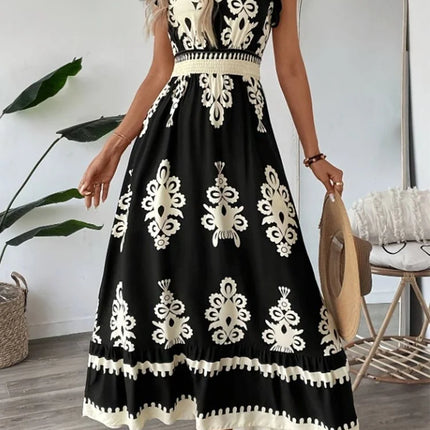 Elegant V-Neck Floral Geometric Dress – Vacation & Beachwear