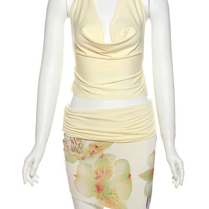 Nibber Halter Two-Piece Set – Backless Top & Reversible Patchwork Skirt