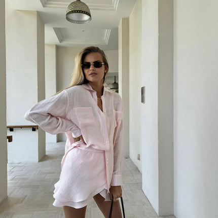 VEITCHE Linen Two-Piece Set – Long Sleeve Shirt & Mini Skirt Beachwear