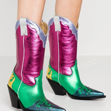 Women’s Retro Multicolor Mid-Calf Chunky Heel Boots