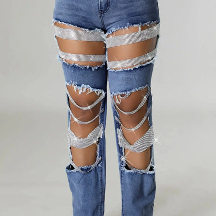 CM.YAYA Women’s Pearl Beaded Ripped Tassel Wide-Leg Jeans