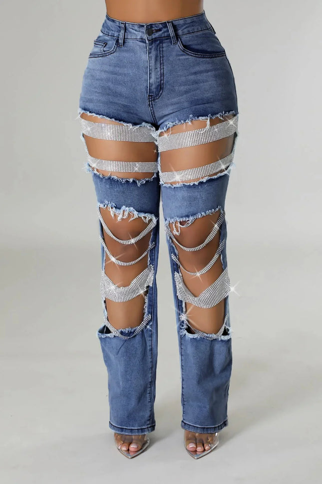CM.YAYA Women’s Pearl Beaded Ripped Tassel Wide-Leg Jeans