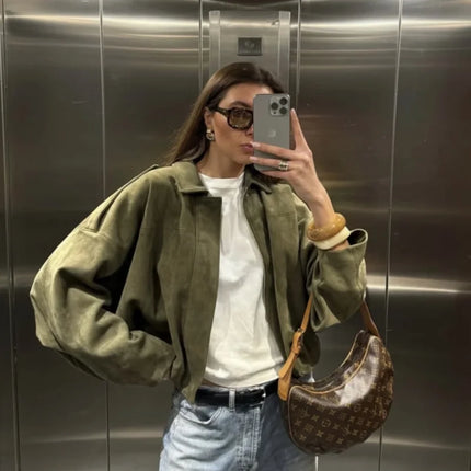 ETJ 2025 TRAF Suede Effect Loose Lapel Bomber Jacket