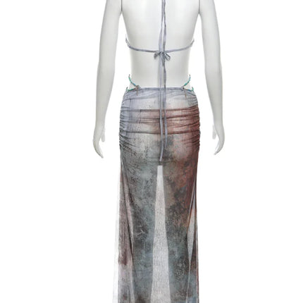 Nibber Pearl Shell Halter – See-Through Backless Bodycon Dress