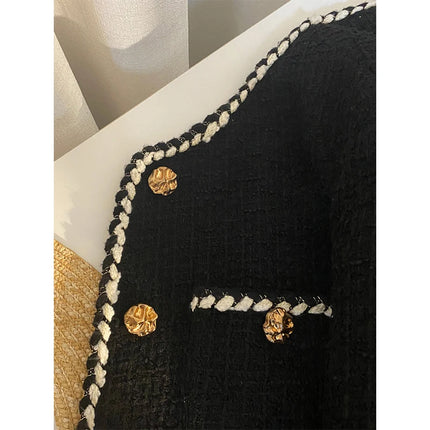 MEXZT Vintage Tweed Cropped Jacket – Elegant Quilted Black Blazer