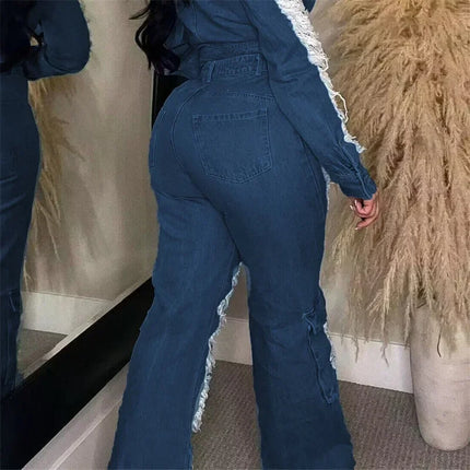 Women’s High-Waist Patchwork Hollow-Out Ripped Jeans