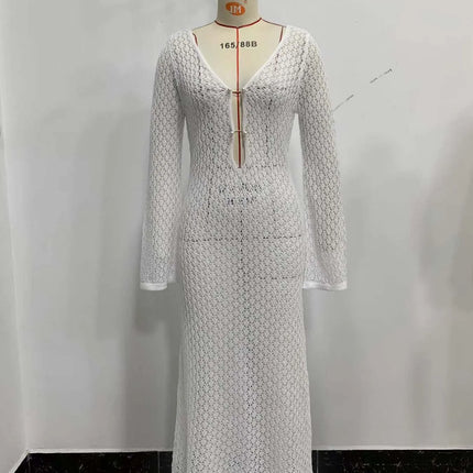See-Through Deep V Knit Cover-Up – Sexy Backless Beach Dress