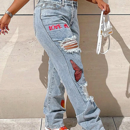 Women’s High-Waist Butterfly Print Ripped Straight Jeans