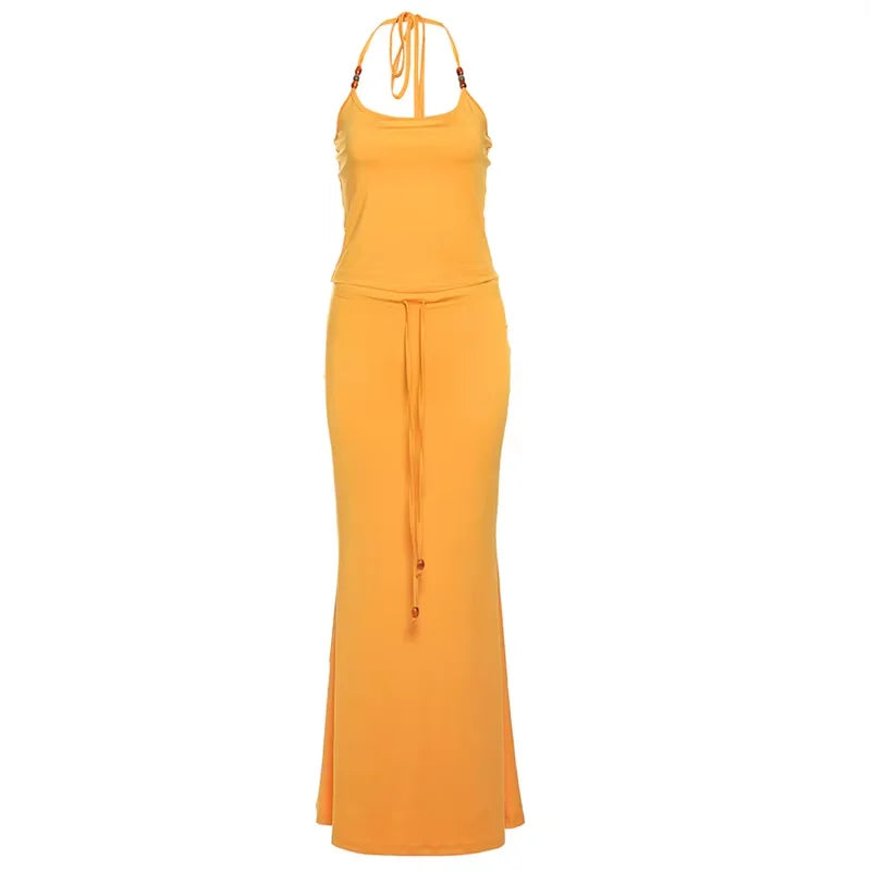 Sisterlinda Bandage Halter Set – Backless Tank & Maxi Skirt Suit