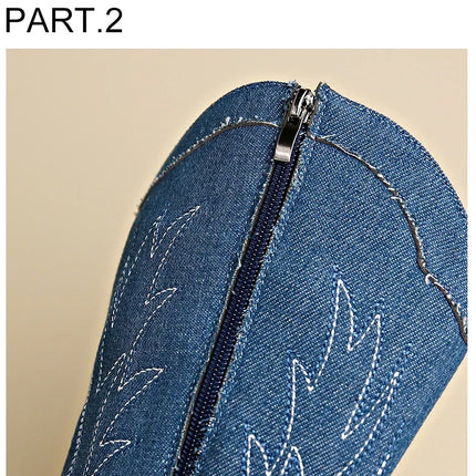 2024 Blue Denim Mid-Calf Embroidered Cowboy Boots