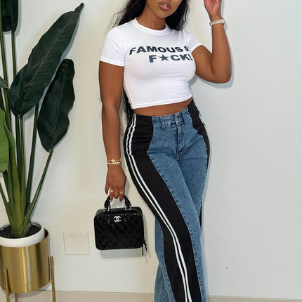 Women’s Patchwork Striped High-Waist Wide-Leg Jeans