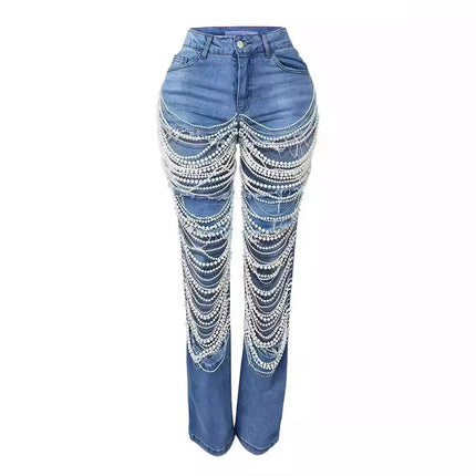 CM.YAYA Women’s Pearl Beaded Ripped Tassel Wide-Leg Jeans
