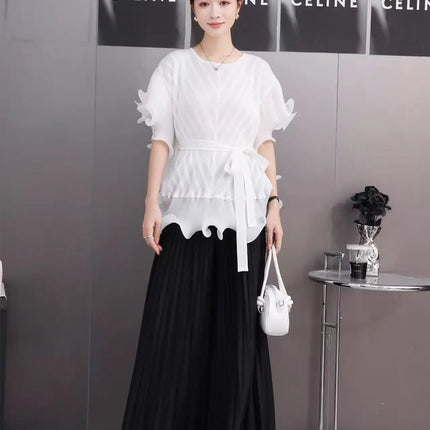 Miyake 3D Floral Pleated Set – Square Neck Top & A-Line Skirt 2025