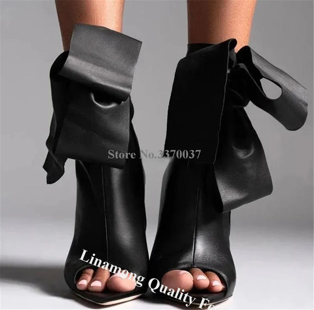 Linamong Women’s Black Leather Lace-Up Bowtie Ankle Booties