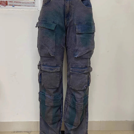 Vintage Women’s High-Waist Wide-Leg Cargo Jeans with Multi Pockets
