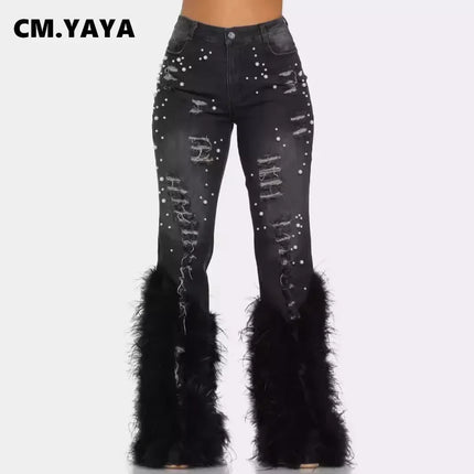 CM.YAYA Women’s Beaded Hollow-Out Feather Flare Jeans