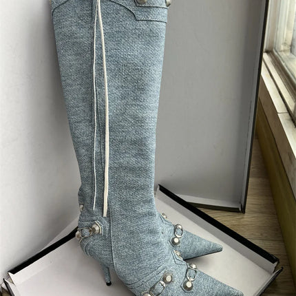 Women’s Pointed Rivet Tassel Knee-High Boots with Side Zip