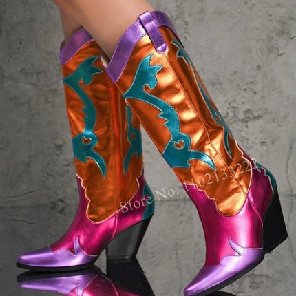 Women’s Retro Multicolor Mid-Calf Chunky Heel Boots