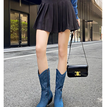 2024 Blue Denim Mid-Calf Embroidered Cowboy Boots