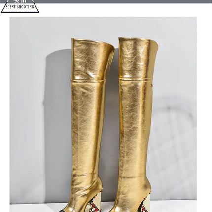 Rhinestone Cowhide Mid-Knee Heeled Boots