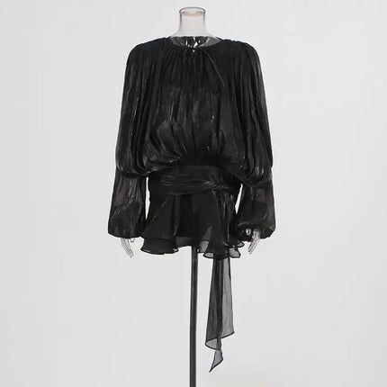 TWOTWINSTYLE V-Neck Mini Dress – Spliced Lace-Up Sweet Blouse