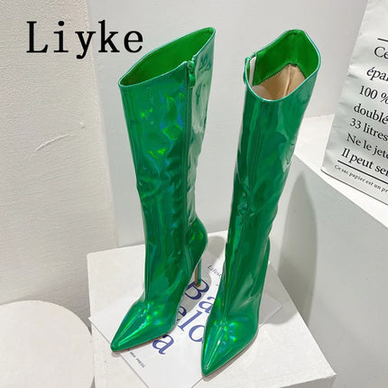Liyke Women’s Green Patent Leather Knee-High Heels