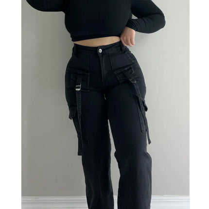 Women’s High-Waist Stretch Cargo Jeans with Multi-Pocket Design
