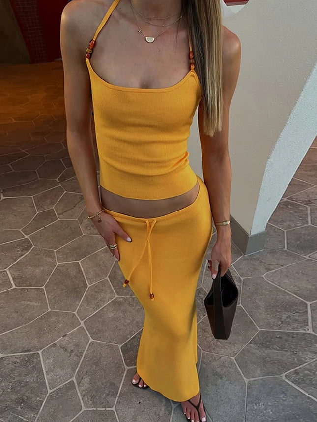 Sisterlinda Bandage Halter Set – Backless Tank & Maxi Skirt Suit