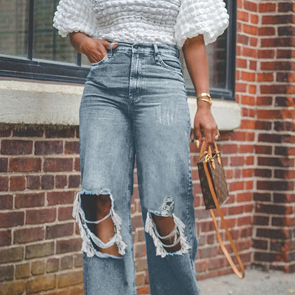 Women’s High-Waist Wide Leg Distressed Ripped Jeans