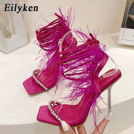 Eilyken Women’s Fuzzy Feather Transparent High-Heel Sandals
