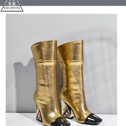 Rhinestone Cowhide Mid-Knee Heeled Boots