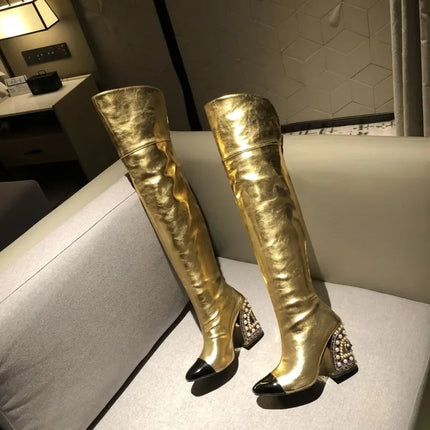 Rhinestone Cowhide Mid-Knee Heeled Boots