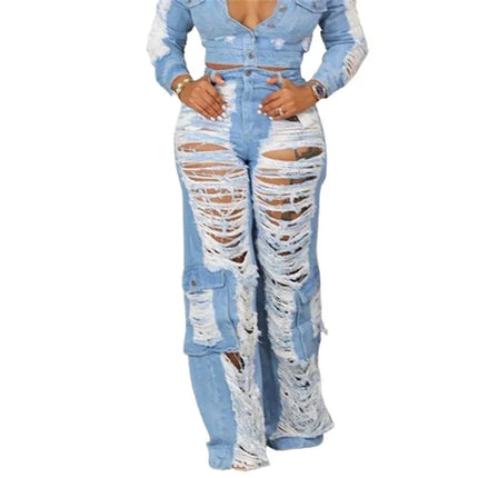 Women’s High-Waist Patchwork Hollow-Out Ripped Jeans
