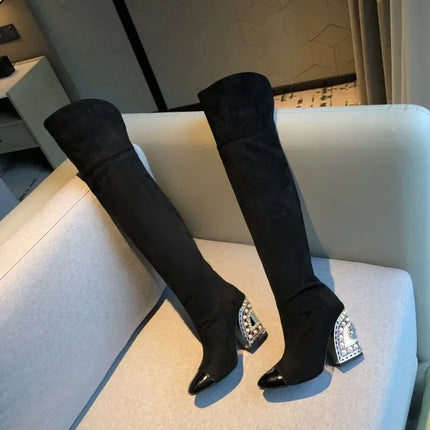Rhinestone Cowhide Mid-Knee Heeled Boots