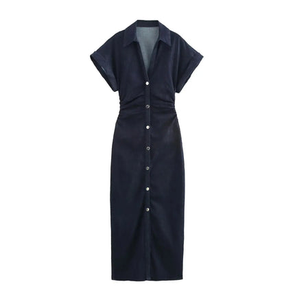 ETJ 2025 Denim Midi Dress – 1975 Retro Slim Fit with Lapel