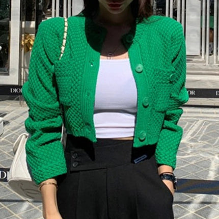 Women’s O-Neck Cropped Knit Cardigan with Pockets