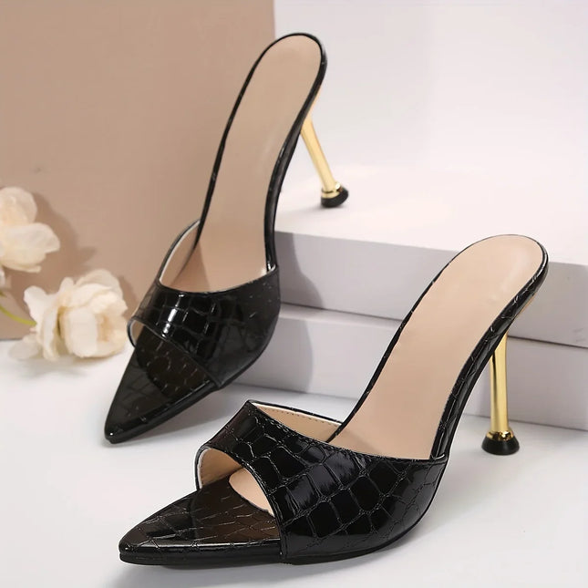 Women’s Crocodile-Texture Pointed-Toe Stiletto Sandals